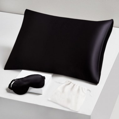 Cheap Two Piece Silk Gift Set Black Pillowcase & Eye Mask