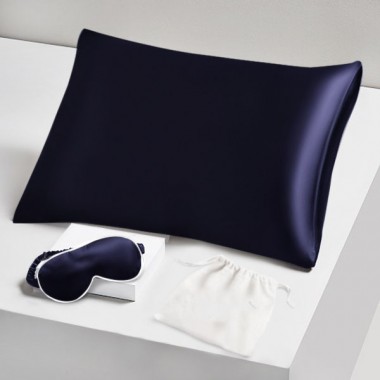 Cheap Two Piece Silk Gift Set Navy Pillowcase & Eye Mask